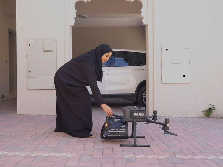 Still from a trial of medical supply delivery in the UAE. Image Credit: Gulf News