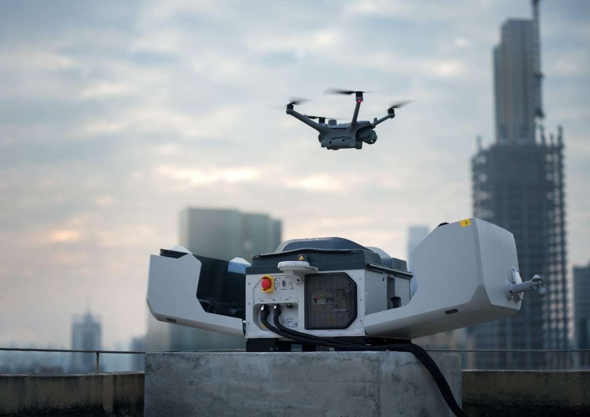 A DJI Dock 3 placed at an urban setting for emergency response