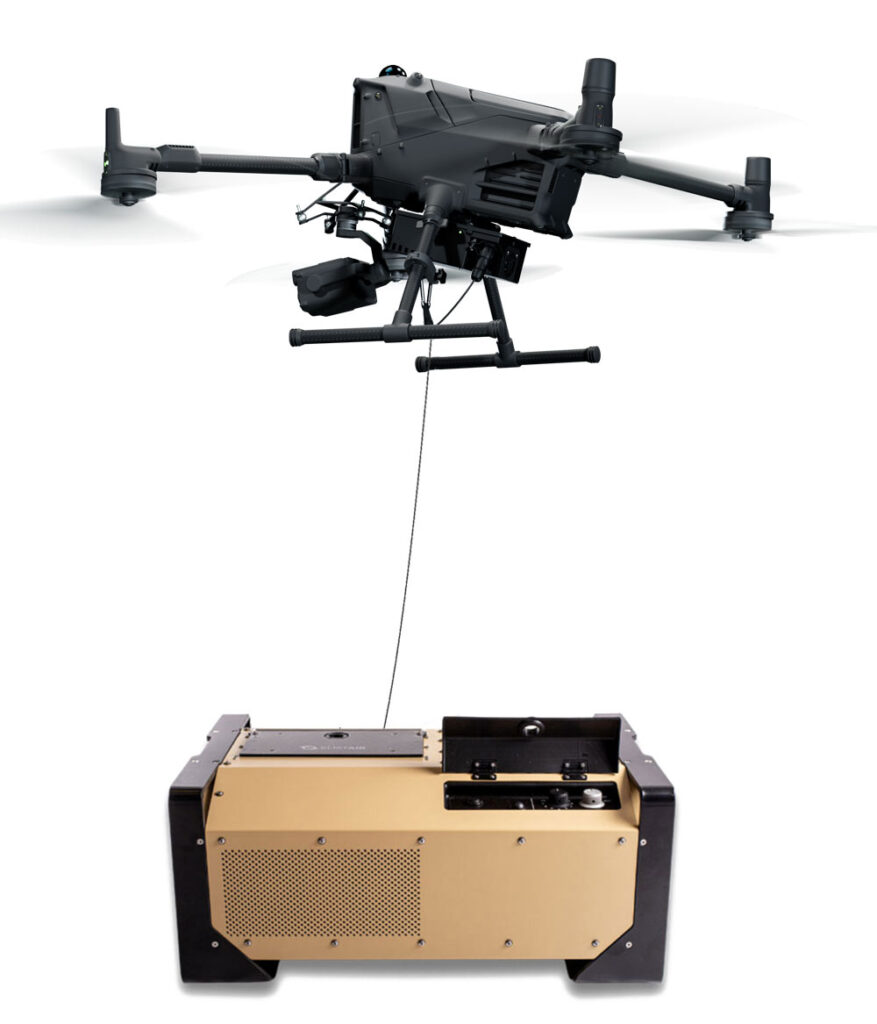 A Matrice 400 drone tethered to elistair safeT2 tethering system