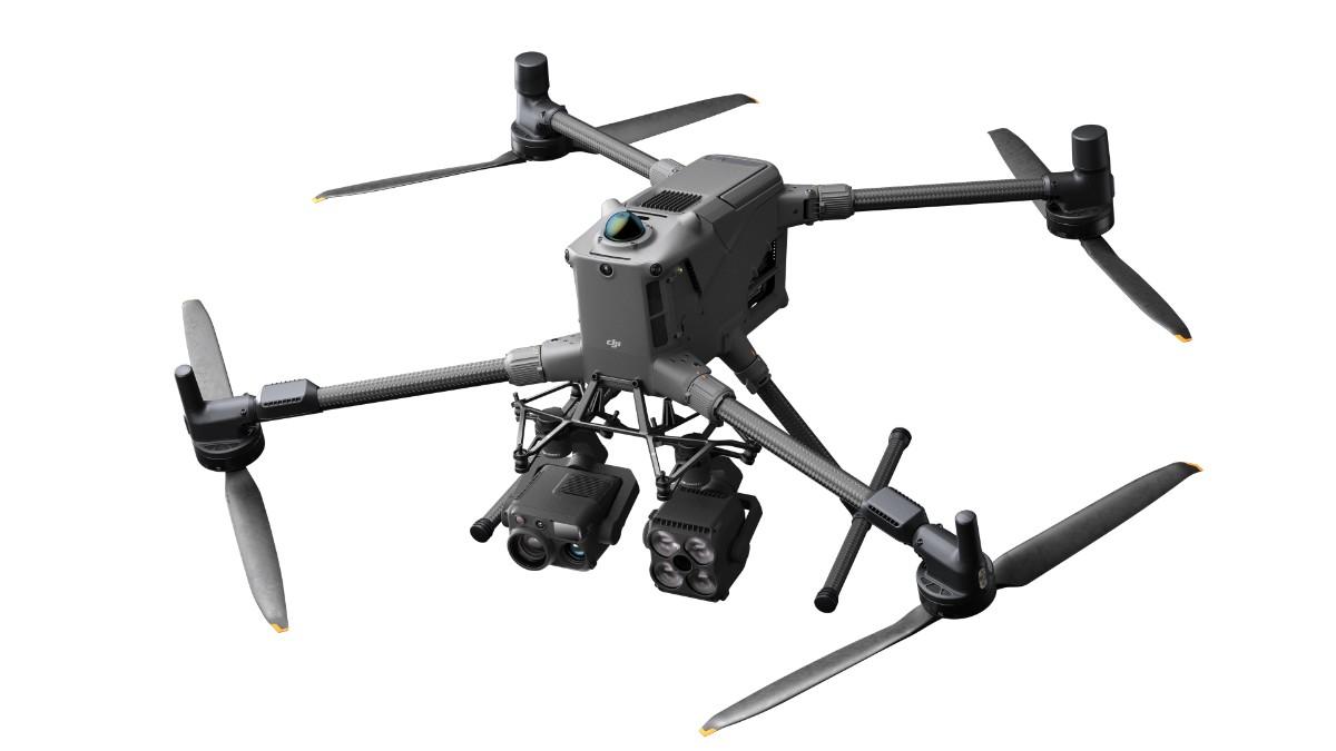 DJI Matrice drone equipped with Zenmuse H30T and Zenmuse V1 payloads facing sideways